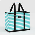 Striped tote bag with black handles on a white background