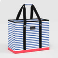 Striped tote bag with black handles on a white background
