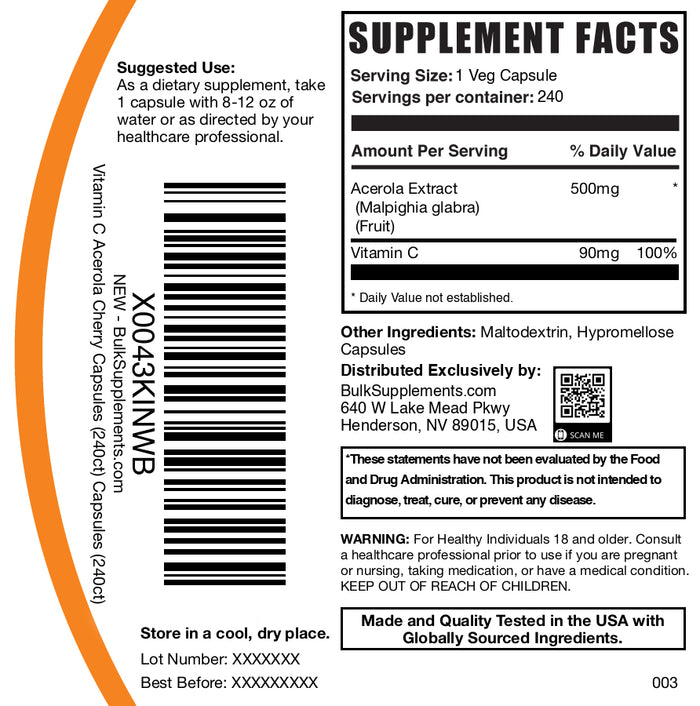 Acerola cherry extract 240 capsules label