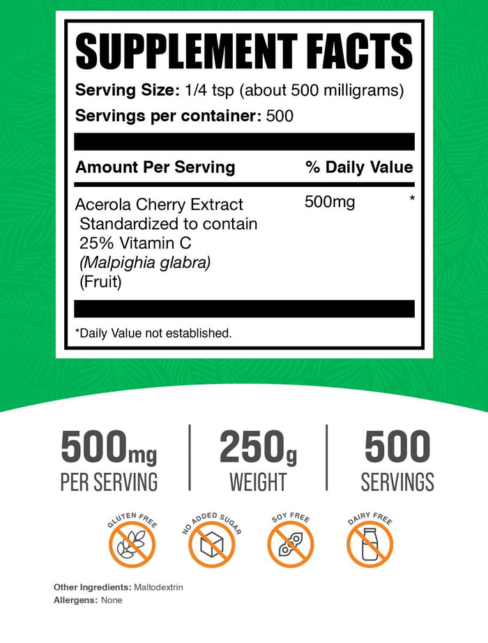 Acerola Cherry Extract 25 Vitamin C Powder 250g Label