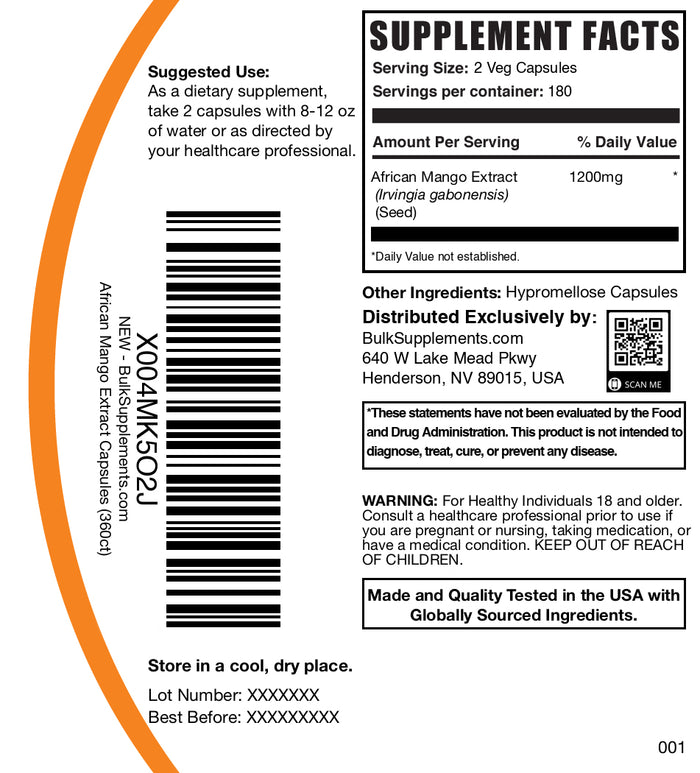 African mango extract 360 capsules label
