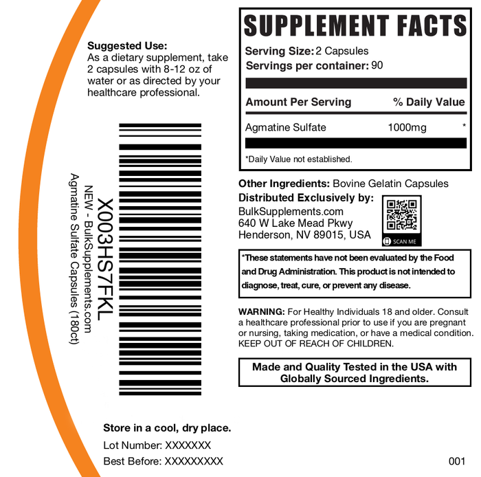 Agmatine Sulfate 180 capsules label