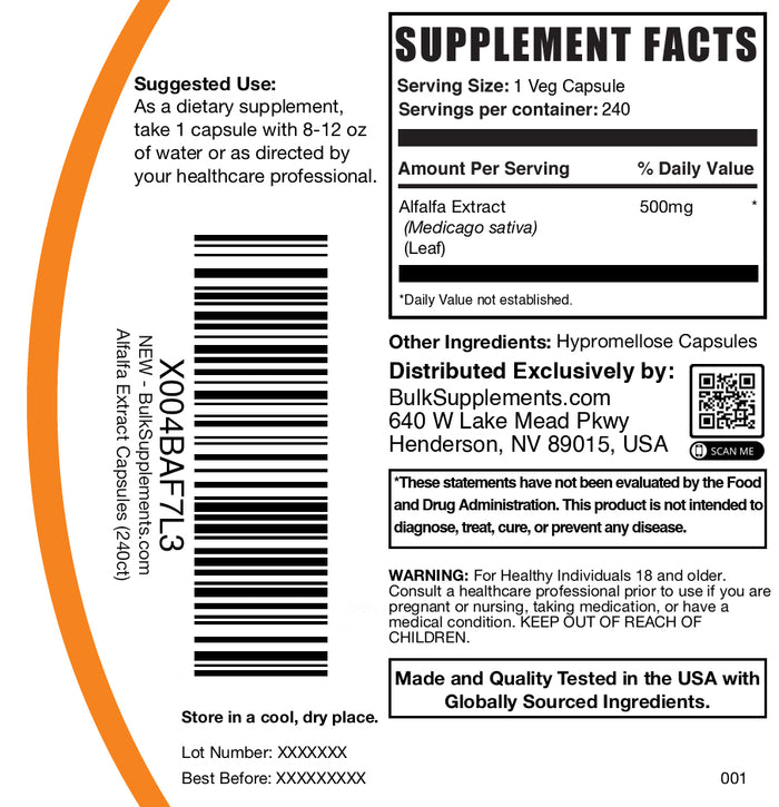 Alfalfa extract 240 capsules label