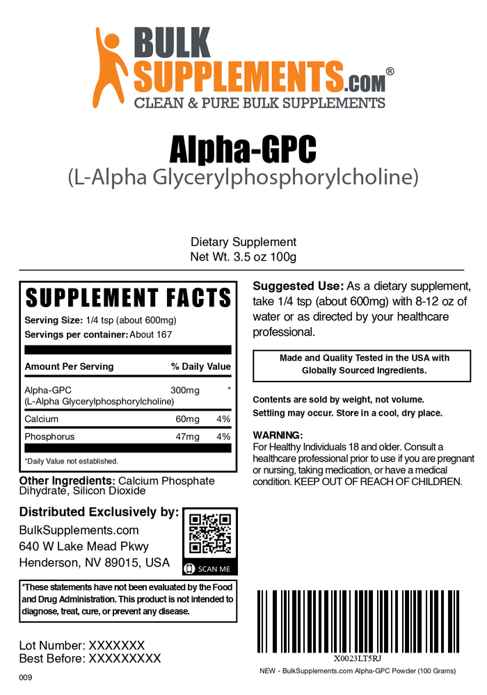 Alpha GPC Powder 500g Bag Label