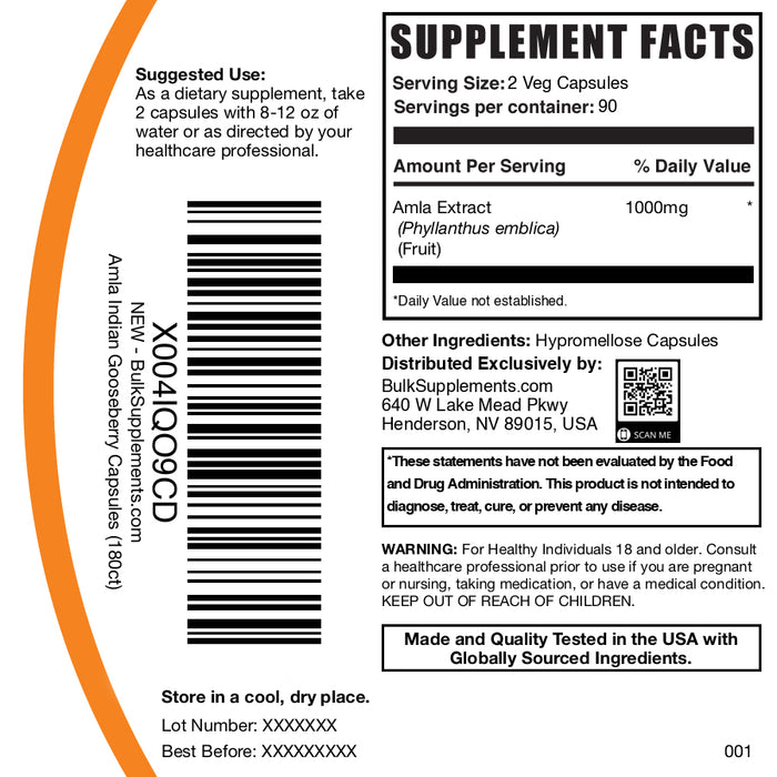 Amla extract 180 capsules label