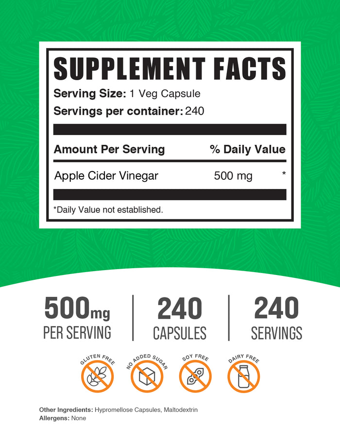 Apple cider vinegar 500mg 240 capsules label