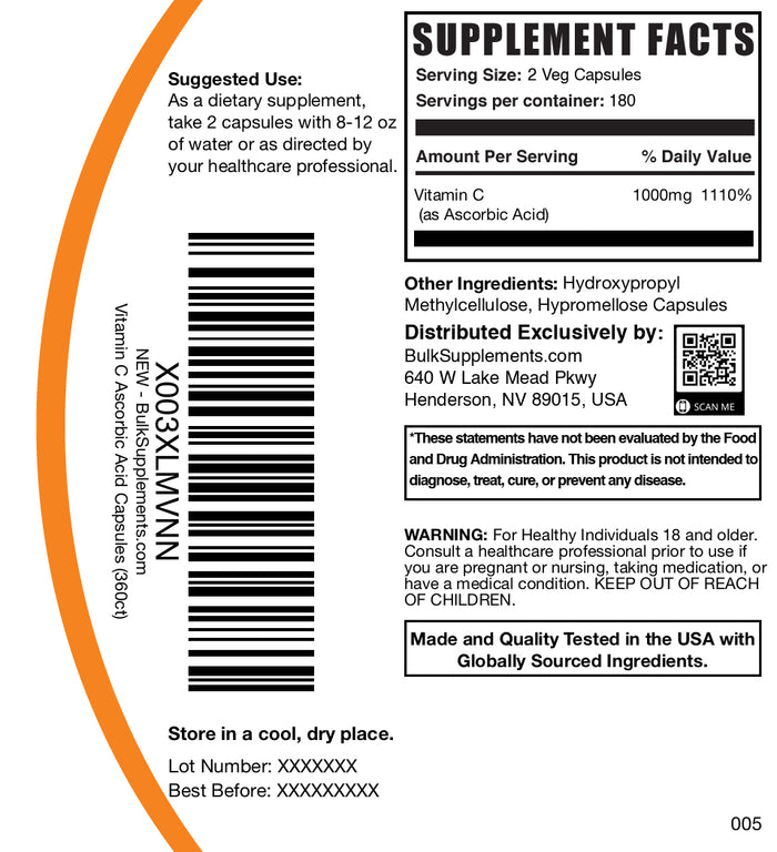 Ascorbic acid 360 capsules label