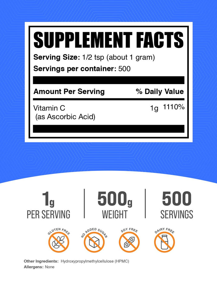Ascorbic Acid (Vitamin C) powder label 500g