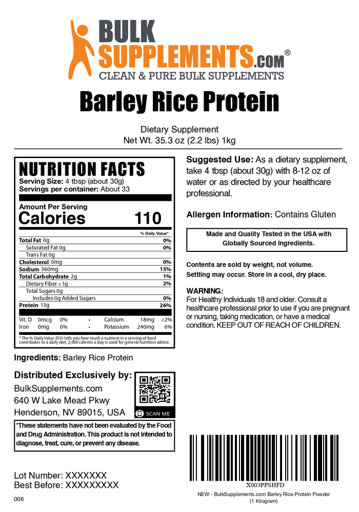 Barley rice protein powder label 1kg