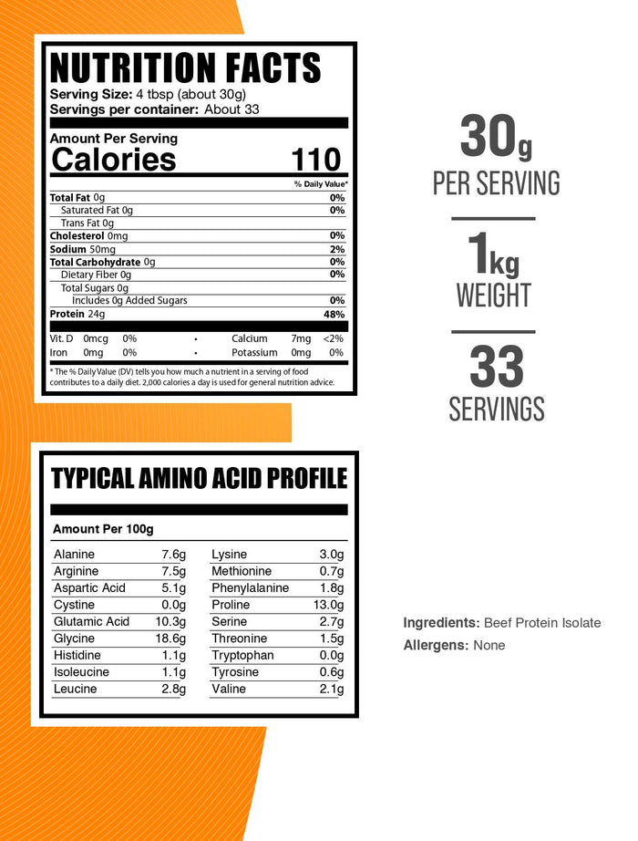 Beef protein isolate powder label 1kg