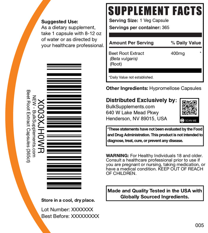 Beet Root Extract 365 capsules label
