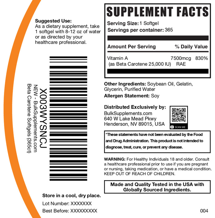 Beta carotene 365 softgels label