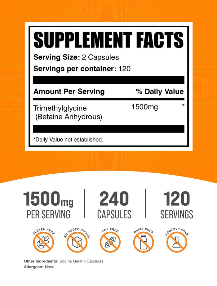 Betaine Anhydrous (TMG) 240 capsules label