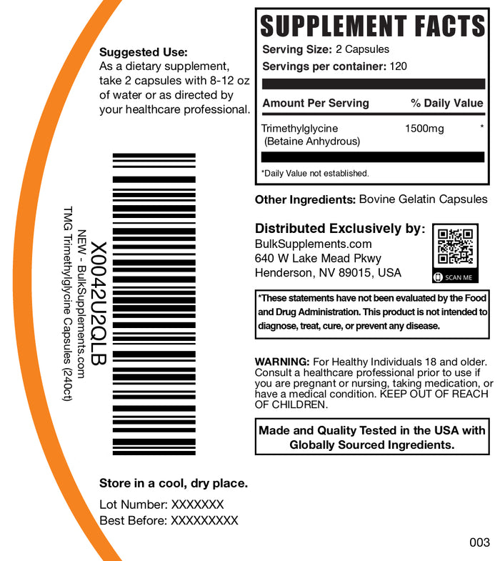 Betaine Anhydrous (TMG) 240 capsules label