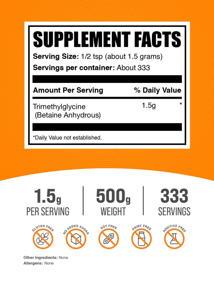 Betaine Anhydrous (TMG) powder label 500g