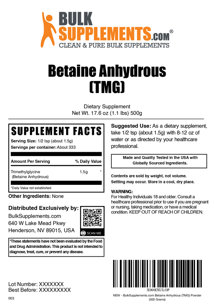 Betaine Anhydrous (TMG) powder label 500g