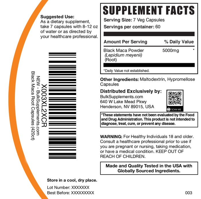 Black maca root 420 capsules label