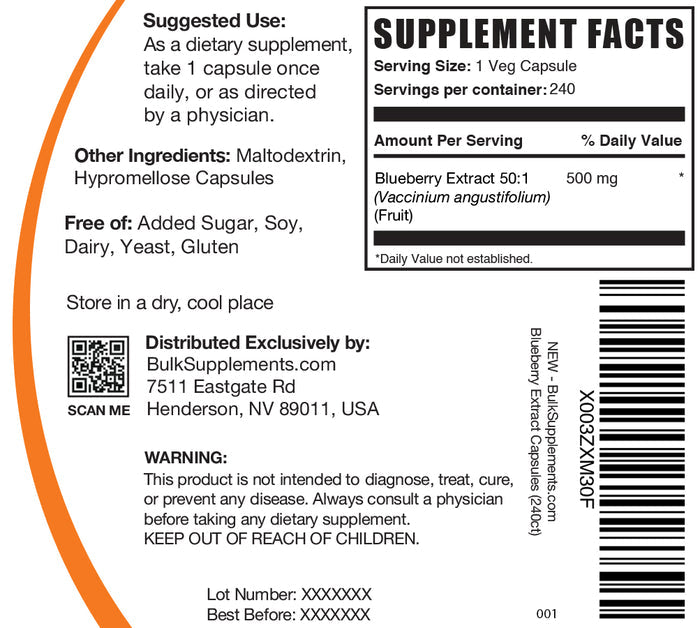 Blueberry extract capsules label 240 ct