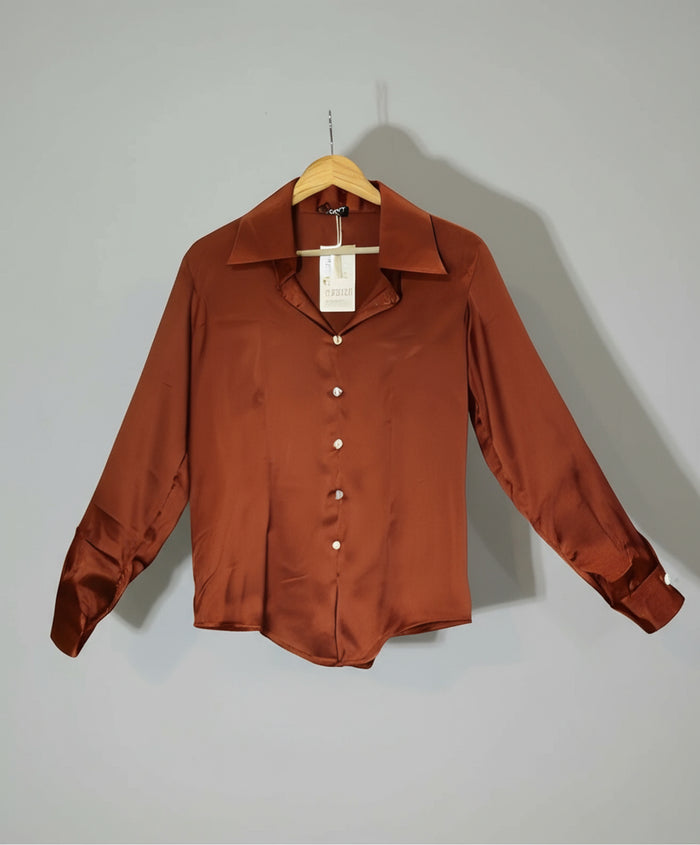 Brown satin blouse on a hanger against a red and white background