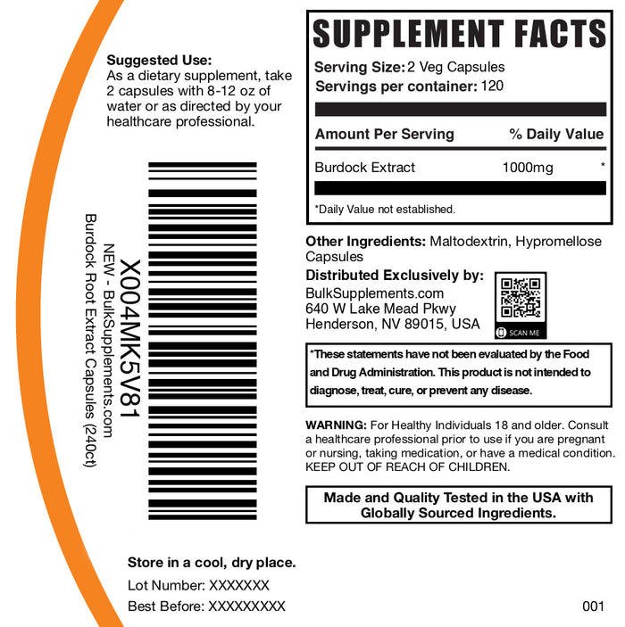 Burdock root extract 240 capsules label