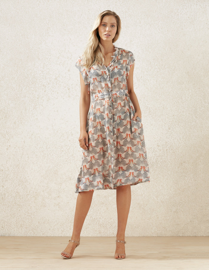 Ivory Rooster Button Down Midi Dress