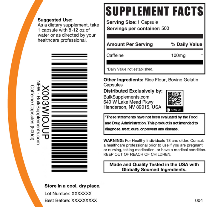 Caffeine Capsules 500ct 100mg Plain Label