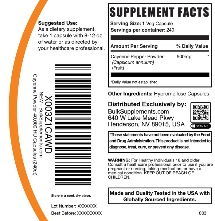 Cayenne pepper powder 40000HU 240 capsules label