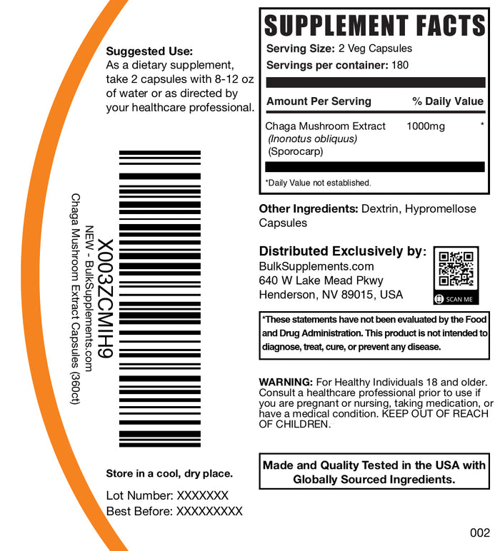 Chaga Mushroom Extract 360 capsules label