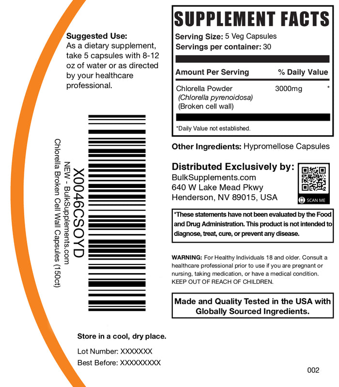 Chlorella 150 capsules label