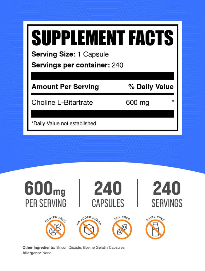 Choline L-Bitartrate capsules 240 ct label