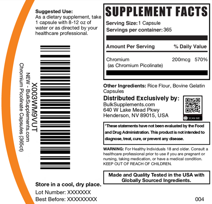 Chromium Picolinate Capsules 365ct Plain Label