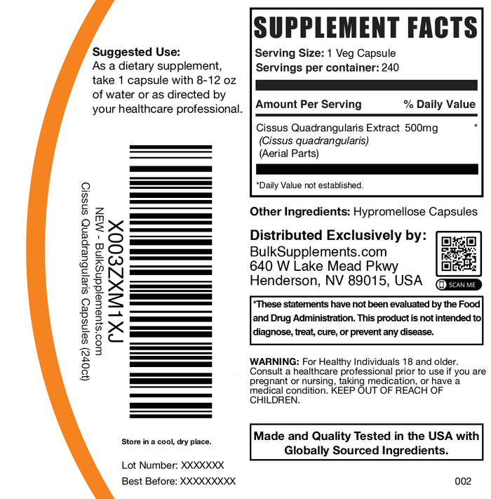 Cissus quadrangularis 240 capsules label