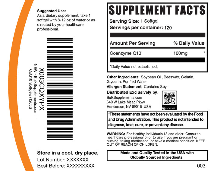Coenzyme CoQ10 100mg 120 sotgels label
