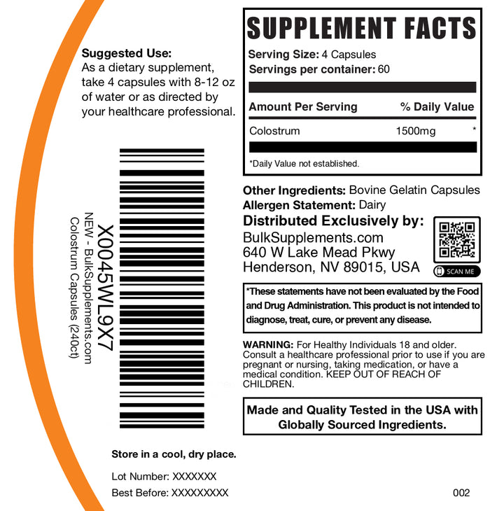 Colostrum 240 capsules label