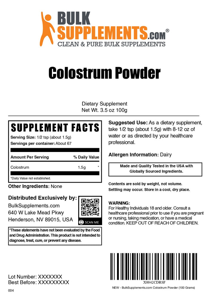 Colostrum Powder 100 grams label