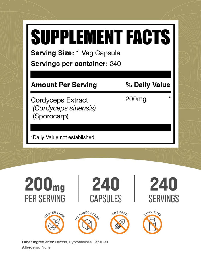 Cordyceps Mushroom Extract 240 Capsules Label