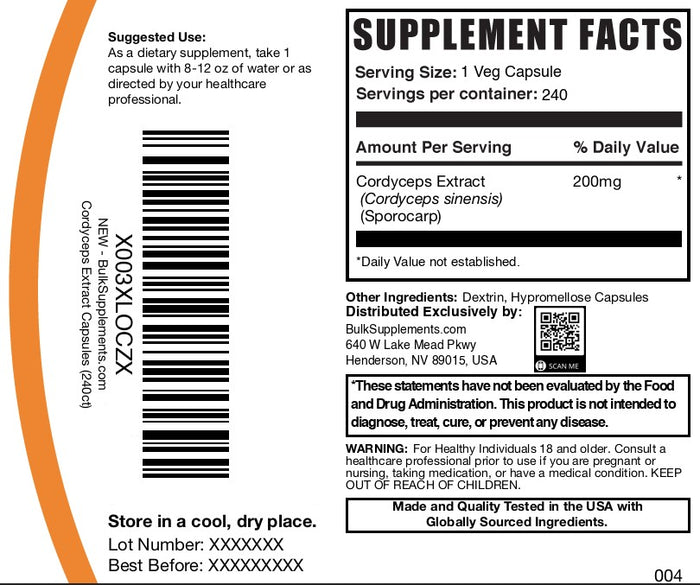 Cordyceps Mushroom Extract 240 Capsules Bottle Label