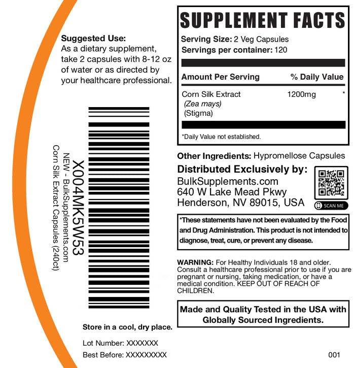 Corn silk extract 240 capsules label