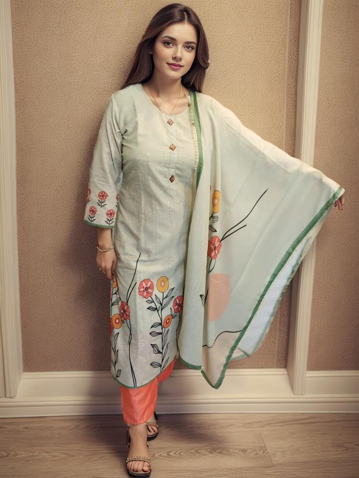 Cotton with sequin work ready to wear suit set