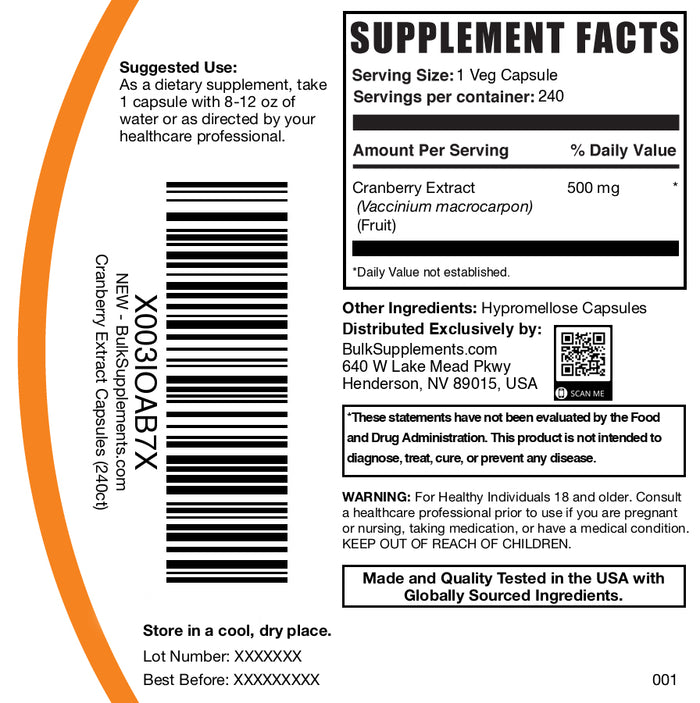 Cranberry extract 240 capsules label