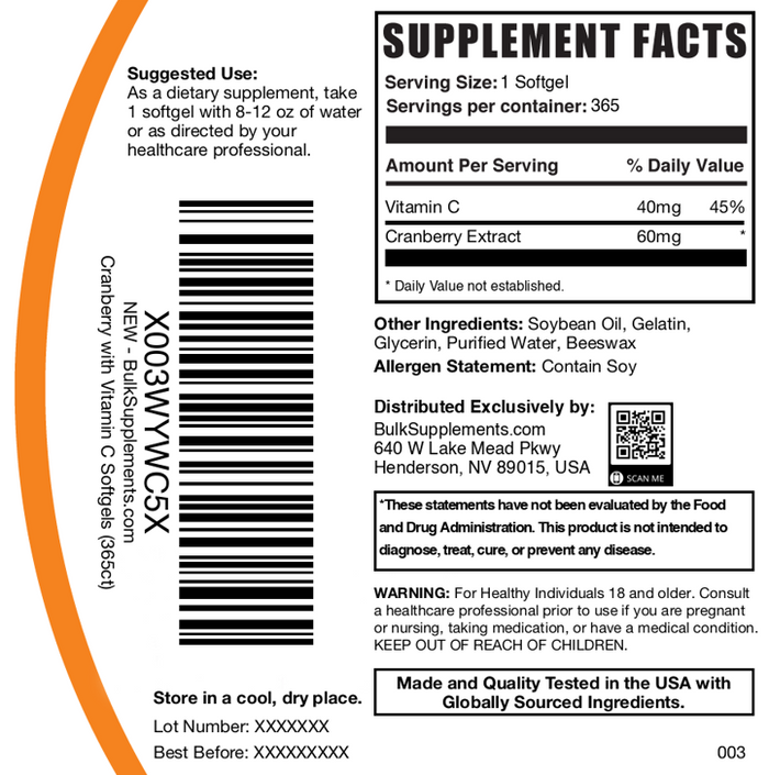 Cranberry with Vitamin C Softgels 365ct Plain Label