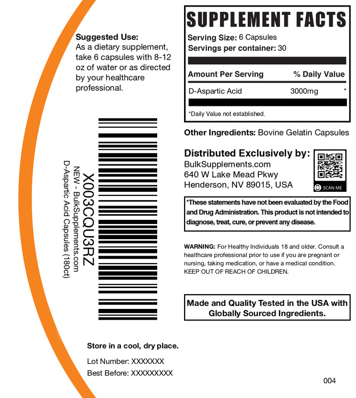 D-Aspartic Acid 180 capsules label