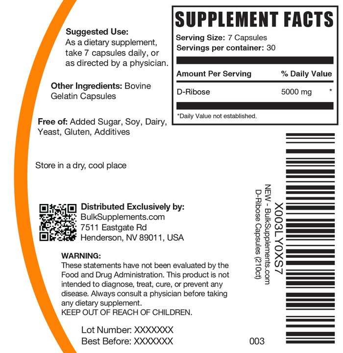 D-Ribose Capsules 210 ct label