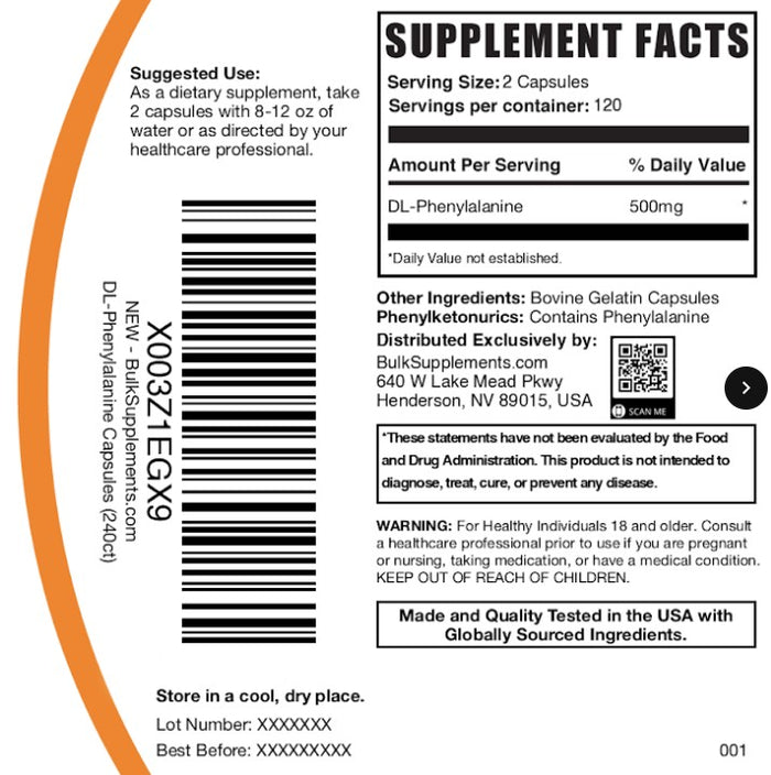 DL-Phenylalanine Capsules 240ct Bag Label
