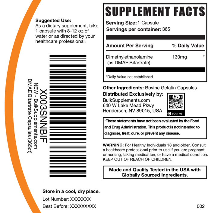 DMAE-Bitartrate Capsules 365ct 130mg Plain Label