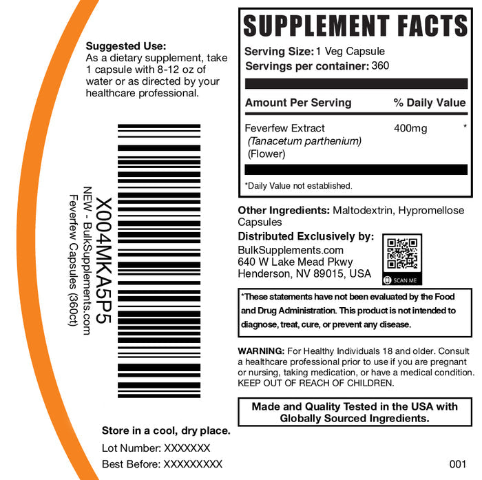 Feverfew extract 360 capsules label