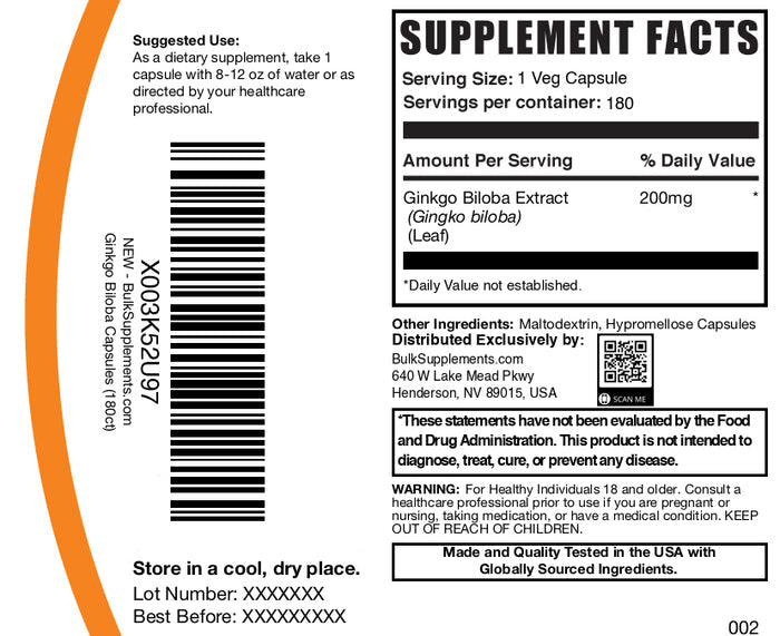 Ginkgo biloba extract 180 capsules label
