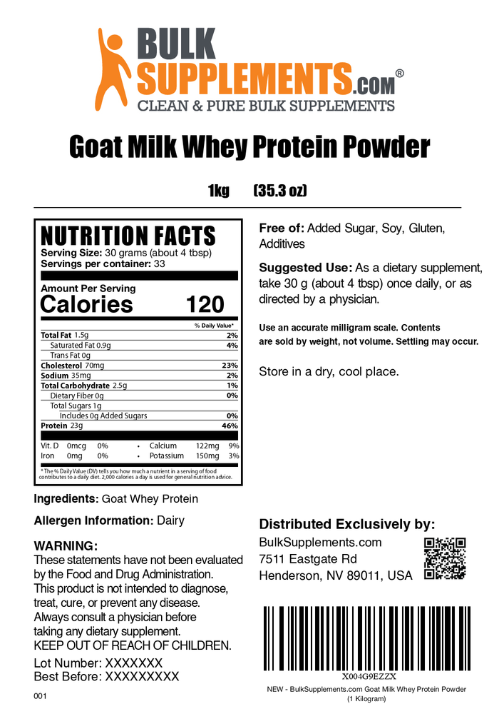 Goat Milk Whey Protein powder label 1kg