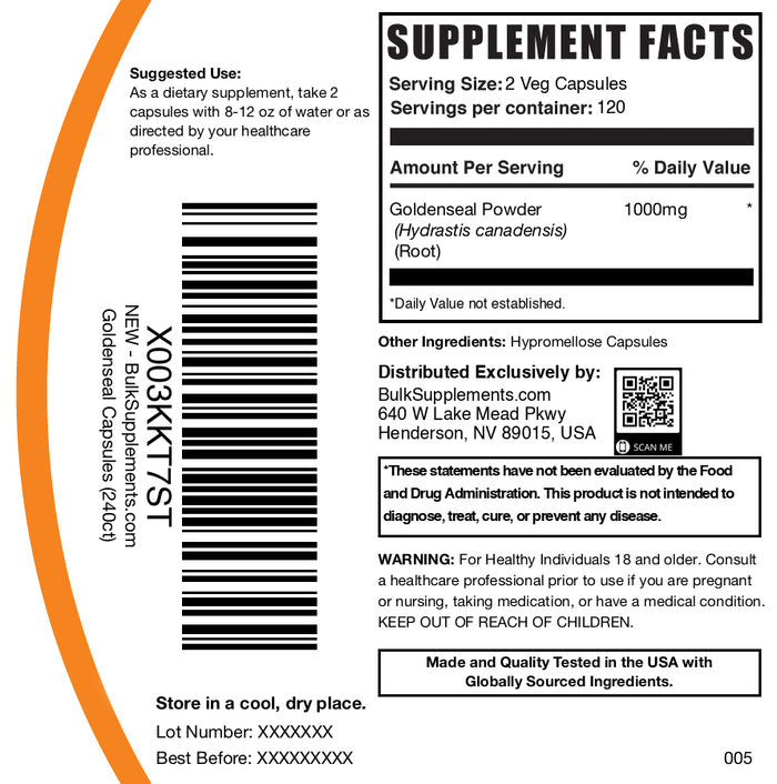Goldenseal 240 capsules label