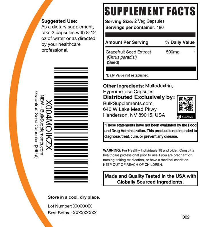 Grapefruit seed extract 360 capsules label